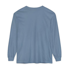 Blue long sleeve t-shirt back view, minimalist design, soft fabric, casual wear, East Coast style