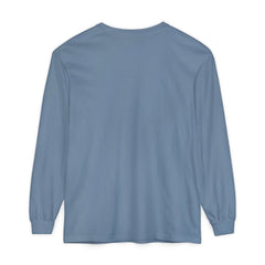 Blue long sleeve t-shirt back view, minimalist design, soft fabric, casual wear, East Coast style