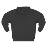 Back view of plain black hooded sweatshirt on white background