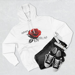 White hoodie with red rose graphic and 95EAST YxJ text, styled with black jeans and sneakers