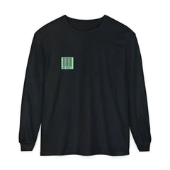 Black long sleeve hoodie with mint green barcode graphic and '95 EAST' text on chest