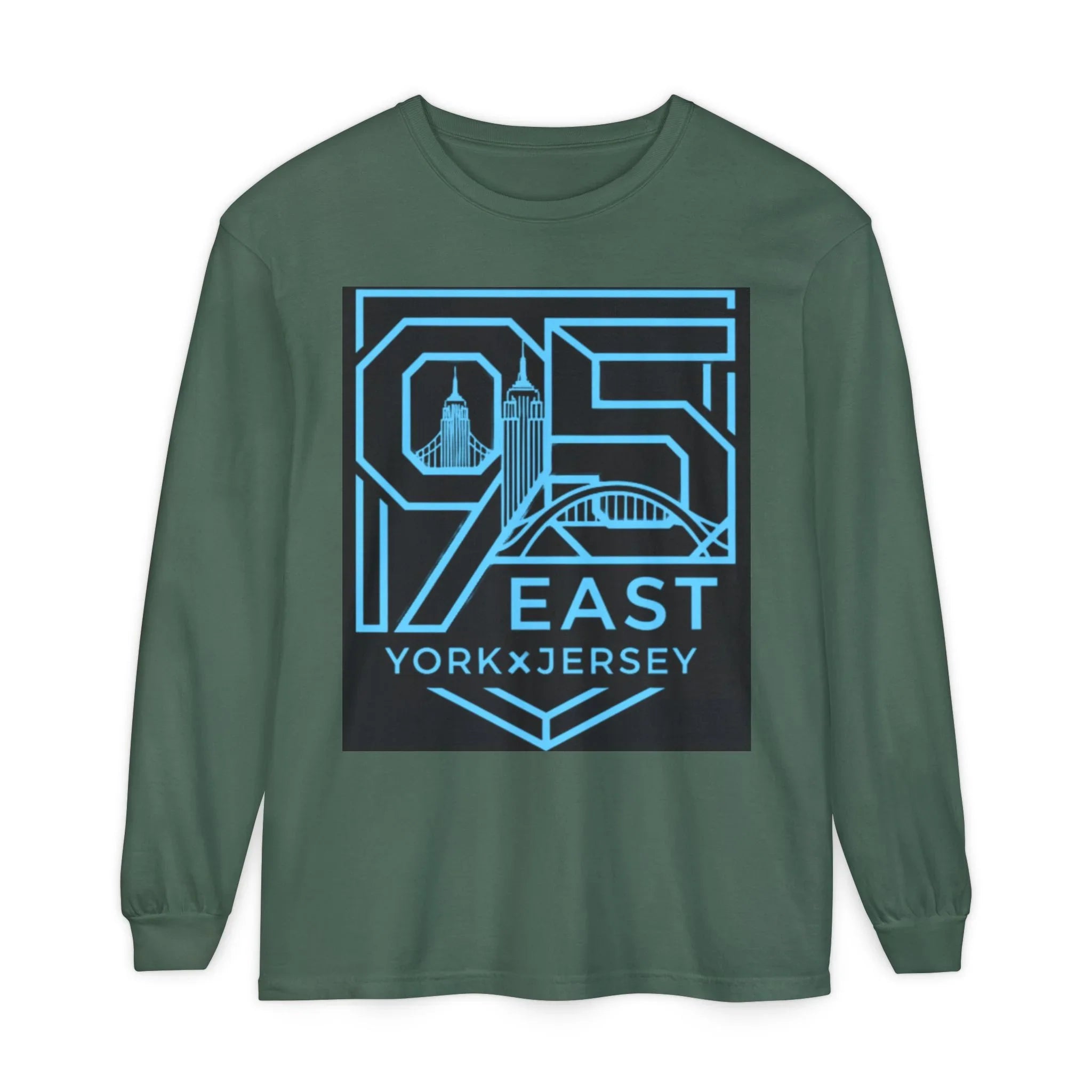 Green long sleeve tee with '95 East YorkxJersey' graphic, featuring city skyline and bridge design.