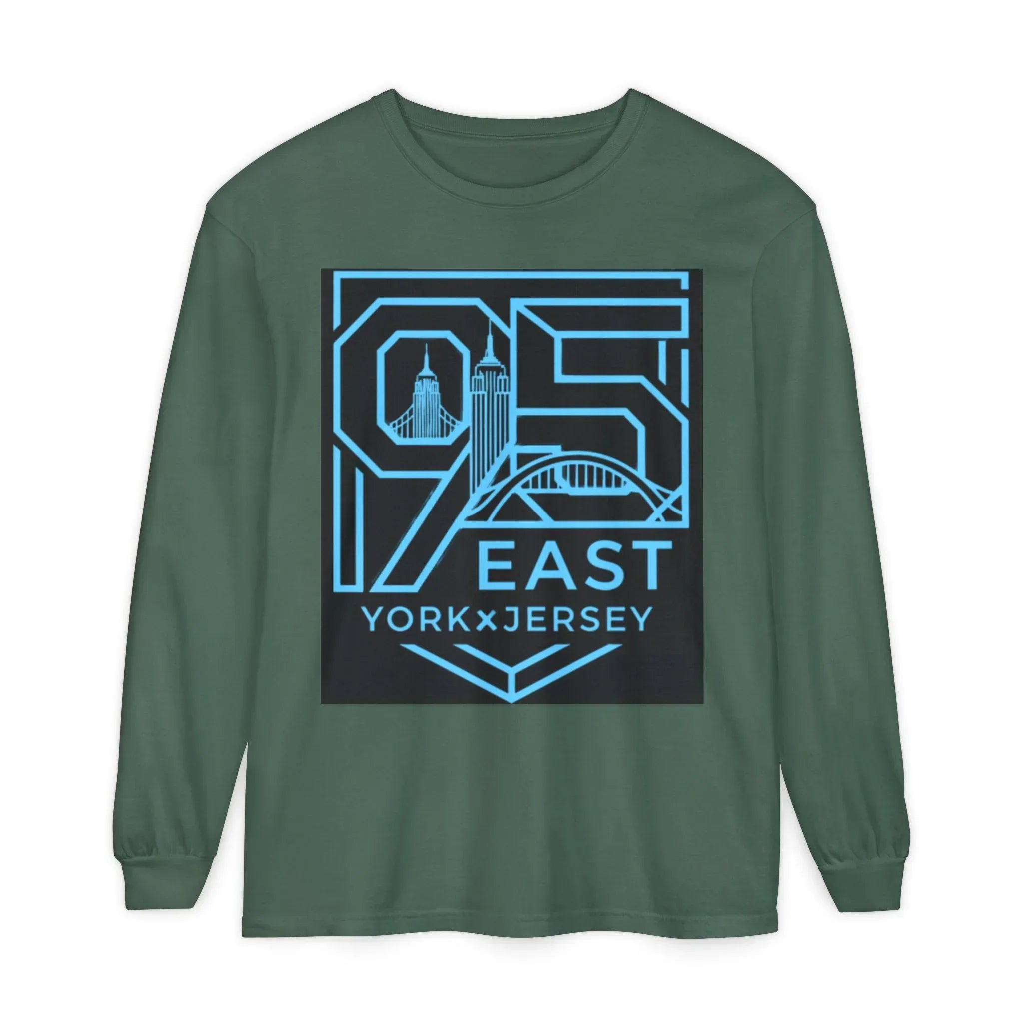 Green long sleeve tee with '95 East YorkxJersey' graphic, featuring city skyline and bridge design.