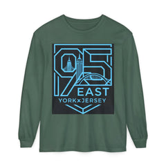 Green long sleeve tee with '95 East YorkxJersey' graphic, featuring city skyline and bridge design.
