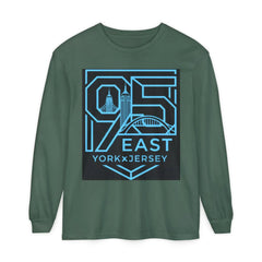 Green long sleeve tee with '95 East YorkxJersey' graphic, featuring city skyline and bridge design.