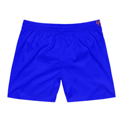 Vibrant blue athletic shorts with orange 95 logo on waistband, lightweight performance fabric