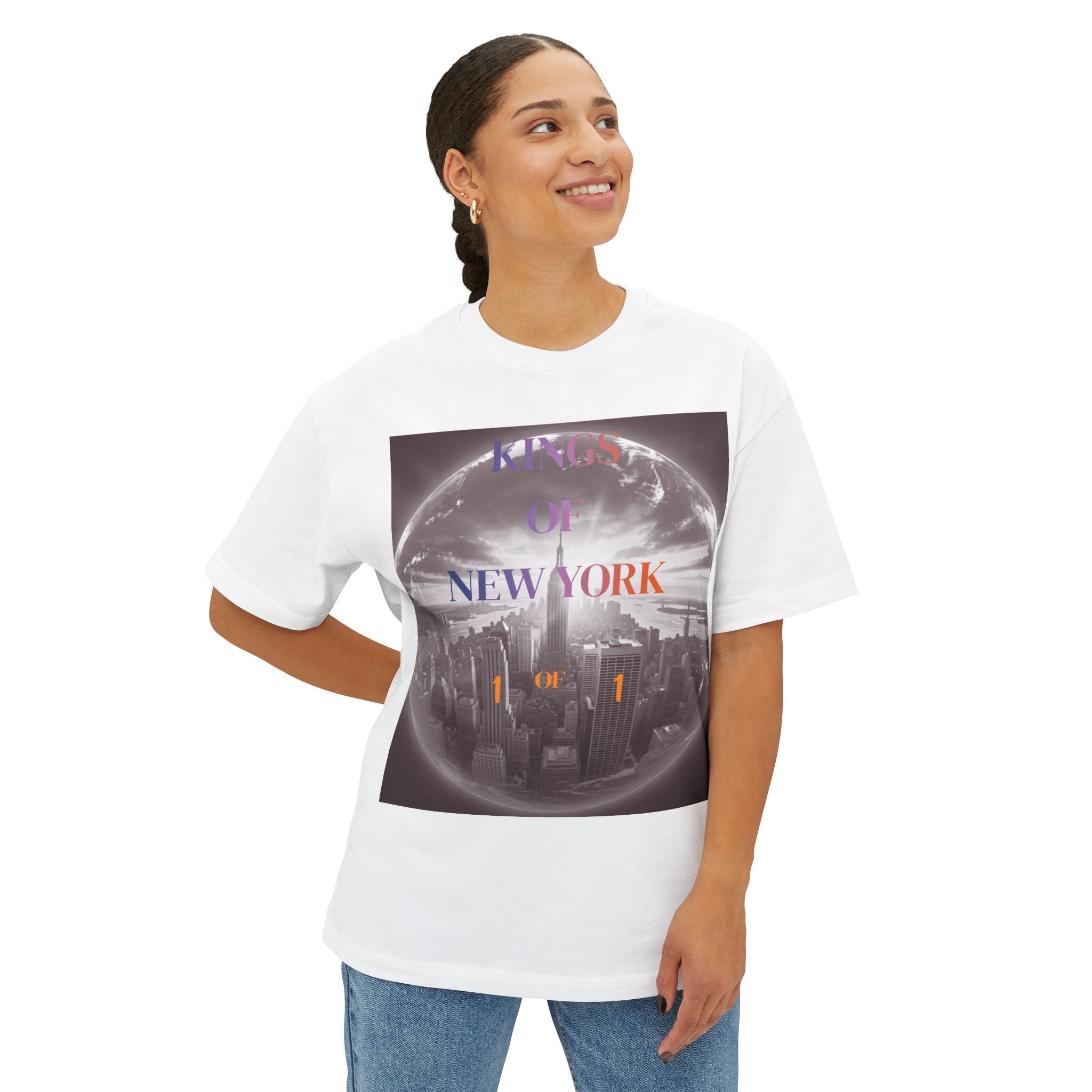White graphic tee with 'Kings of New York' cityscape print, oversized fit, urban streetwear style