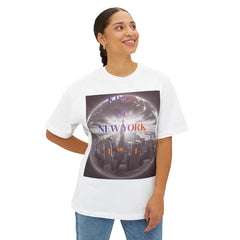 White graphic tee with 'Kings of New York' cityscape print, oversized fit, urban streetwear style