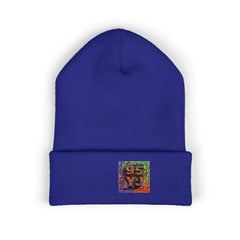 Royal blue cuffed beanie with colorful embroidered 95YJ logo patch, urban streetwear style