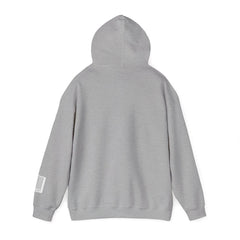 Back view of a plain gray hoodie with a barcode patch on the left sleeve