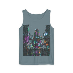 Blue tank top with cyberpunk cityscape graphic, neon lights, and futuristic urban scene.