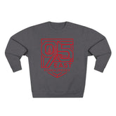 Gray sweatshirt with red 95 East YorkxJersey graphic, urban skyline design, East Coast lifestyle apparel