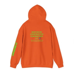 Orange hoodie with green Northstar Construction Contracting LLC print on back and sleeve