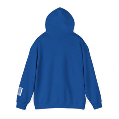 Blue hooded sweatshirt with barcode graphic on sleeve, shown from the back on white background