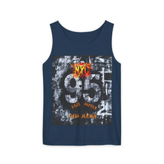 Navy tank top with bold NYC 95 graphic, East Supply New Jersey text, urban graffiti design