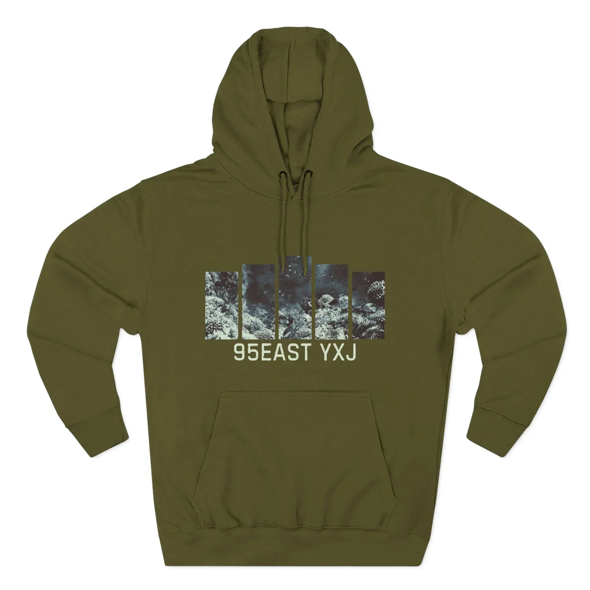 Olive green hoodie with abstract ocean graphic and text '95EAST YXJ' on front.