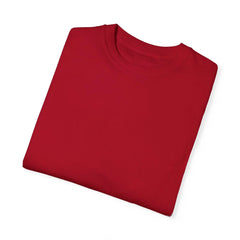 Crimson red crewneck t-shirt, folded neatly for modern, minimalist style