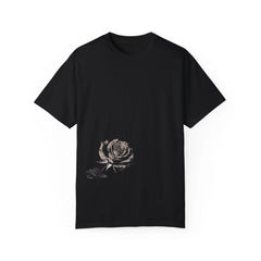 Black t-shirt with vintage rose graphic, East Coast style streetwear design