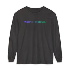Black long-sleeve shirt with WAHF>>>SYSTEMS. text in gradient colors on front
