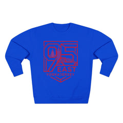 Blue sweatshirt with red 95 East YorkxJersey graphic, city skyline design, modern streetwear style