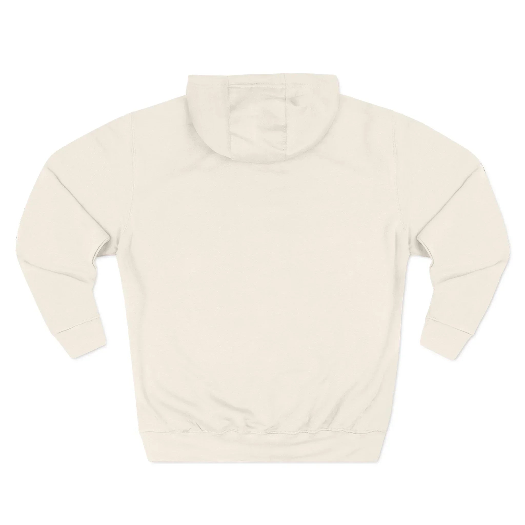 Back view of a plain off-white hoodie with long sleeves and a hood on a white background.