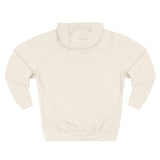 Back view of a plain off-white hoodie with long sleeves and a hood on a white background.