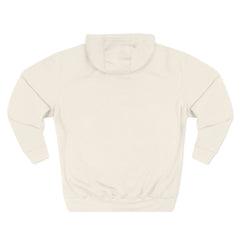 Back view of a plain off-white hoodie with long sleeves and a hood on a white background.