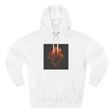White hoodie with orange hand and city skyline graphic on the chest