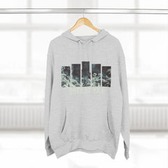 Light grey hoodie with abstract block graphic and '95EAST YXJ' text, hanging indoors