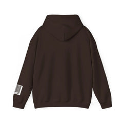 Brown hoodie back view with barcode graphic on sleeve, minimalist streetwear style