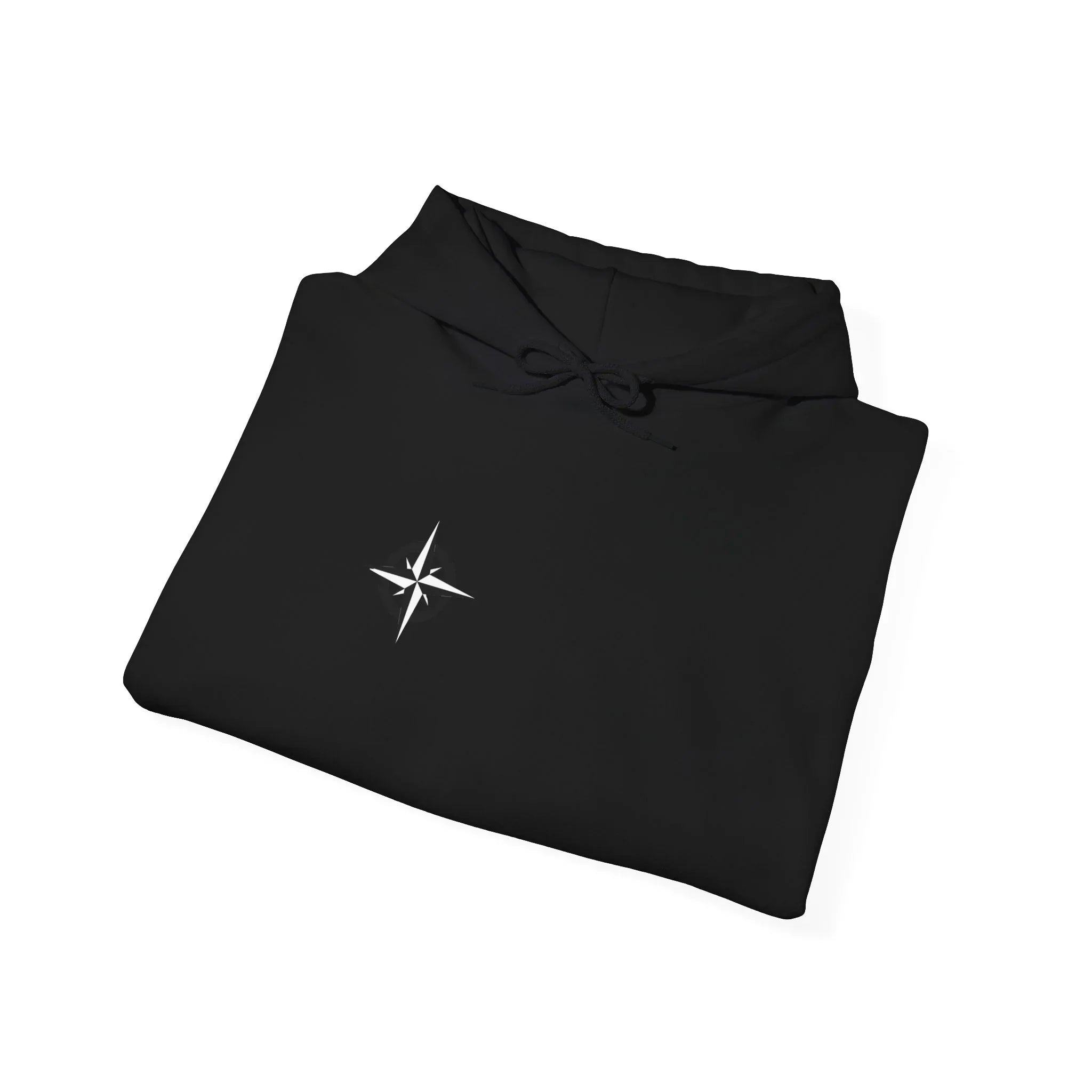Black hoodie with white compass star logo, modern East Coast streetwear design