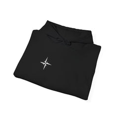 Black hoodie with white compass star logo, modern East Coast streetwear design