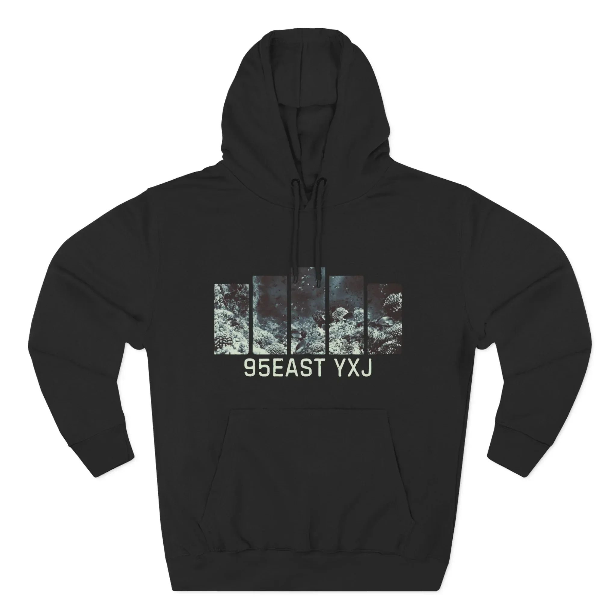 Black hoodie featuring a graphic print of ocean waves and 95EAST YXJ text on front.