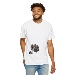 Man wearing white t-shirt with black rose graphic, casual style
