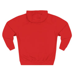 Back view of plain red hoodie with long sleeves and hood on white background