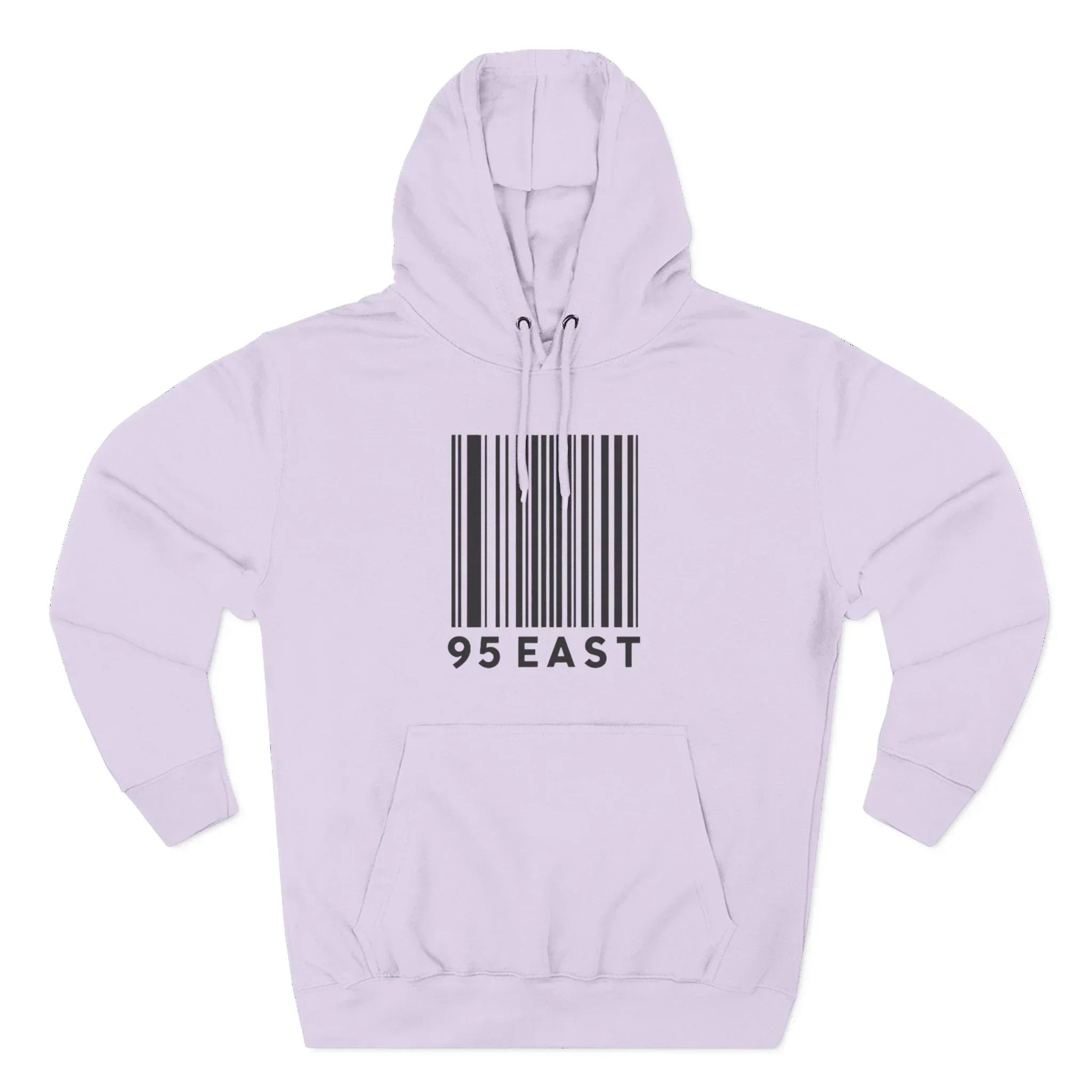Light purple hoodie with black barcode graphic and '95 EAST' text, front view