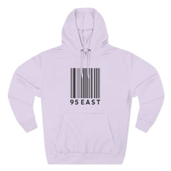 Light purple hoodie with black barcode graphic and '95 EAST' text, front view
