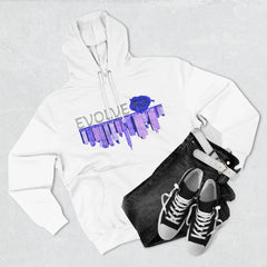 White hoodie with purple city skyline and rose graphic, paired with black jeans and sneakers