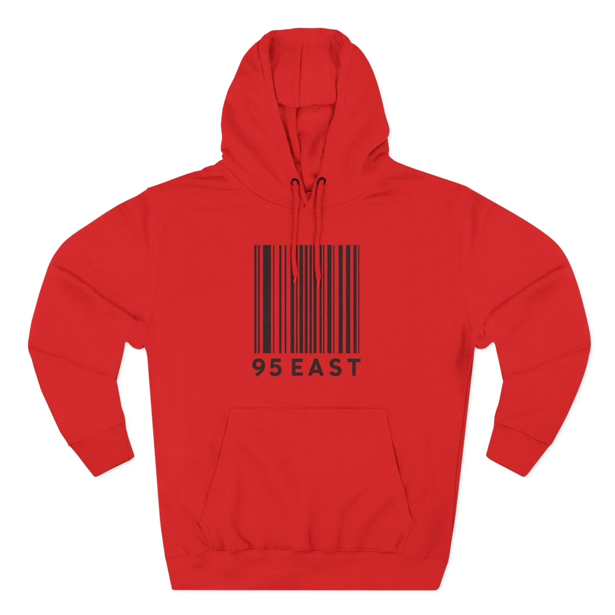 Red hoodie with barcode design and 95 EAST text, blending East Coast style with modern fashion.