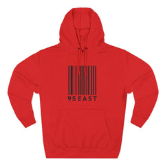 Red hoodie with barcode design and 95 EAST text, blending East Coast style with modern fashion.