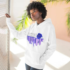 White hoodie with blue rose and city skyline graphic, urban streetwear style