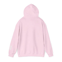 Back view of a light pink hooded sweatshirt on white background