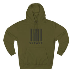 Olive green hoodie with barcode design and '95 EAST' text, East Coast lifestyle apparel