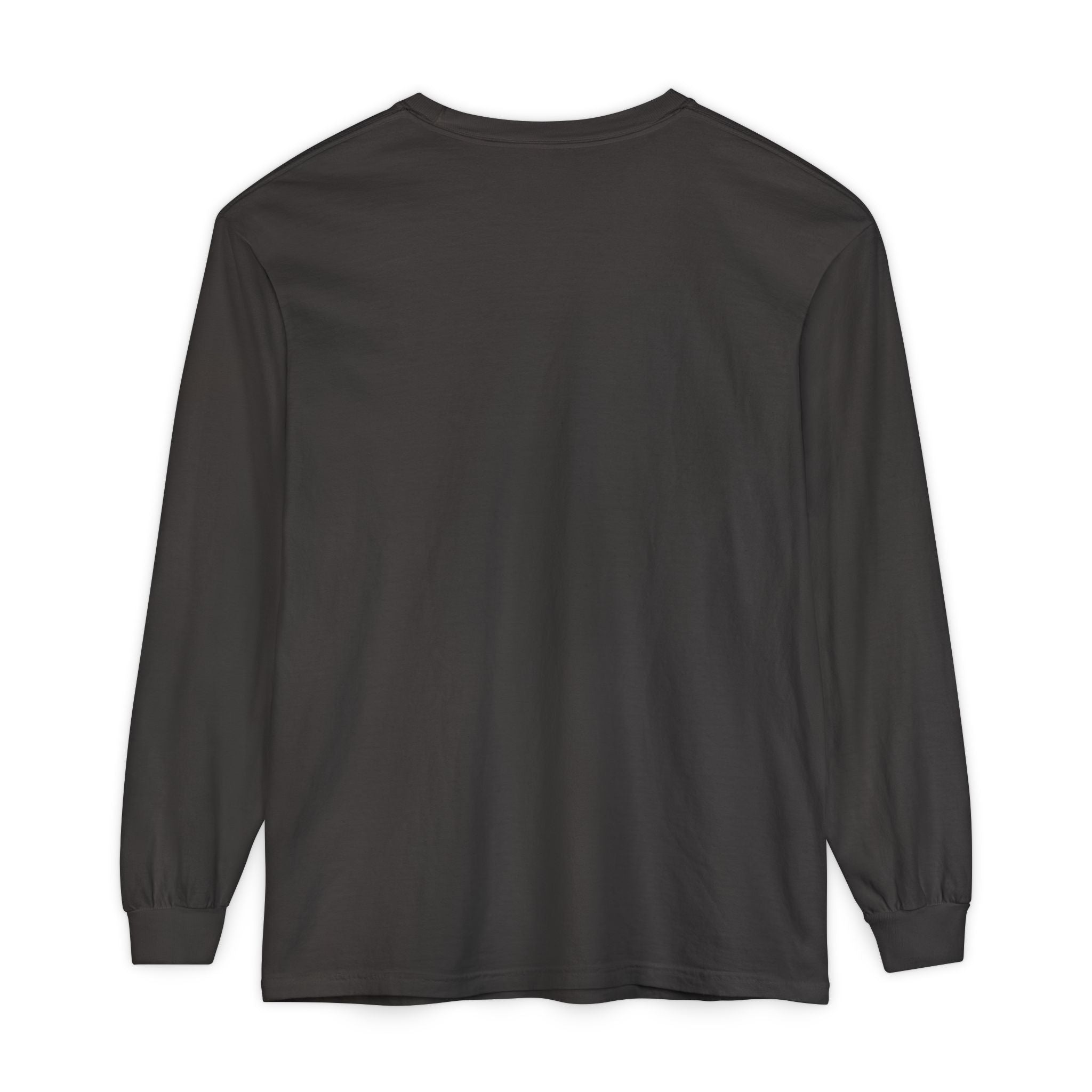 Black long sleeve hoodie with rose graphic and barcode sleeve detail, back view