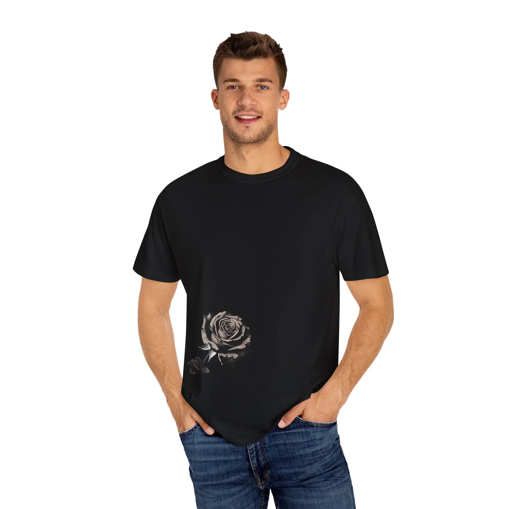 Man wearing black t-shirt with gray rose graphic, casual streetwear style