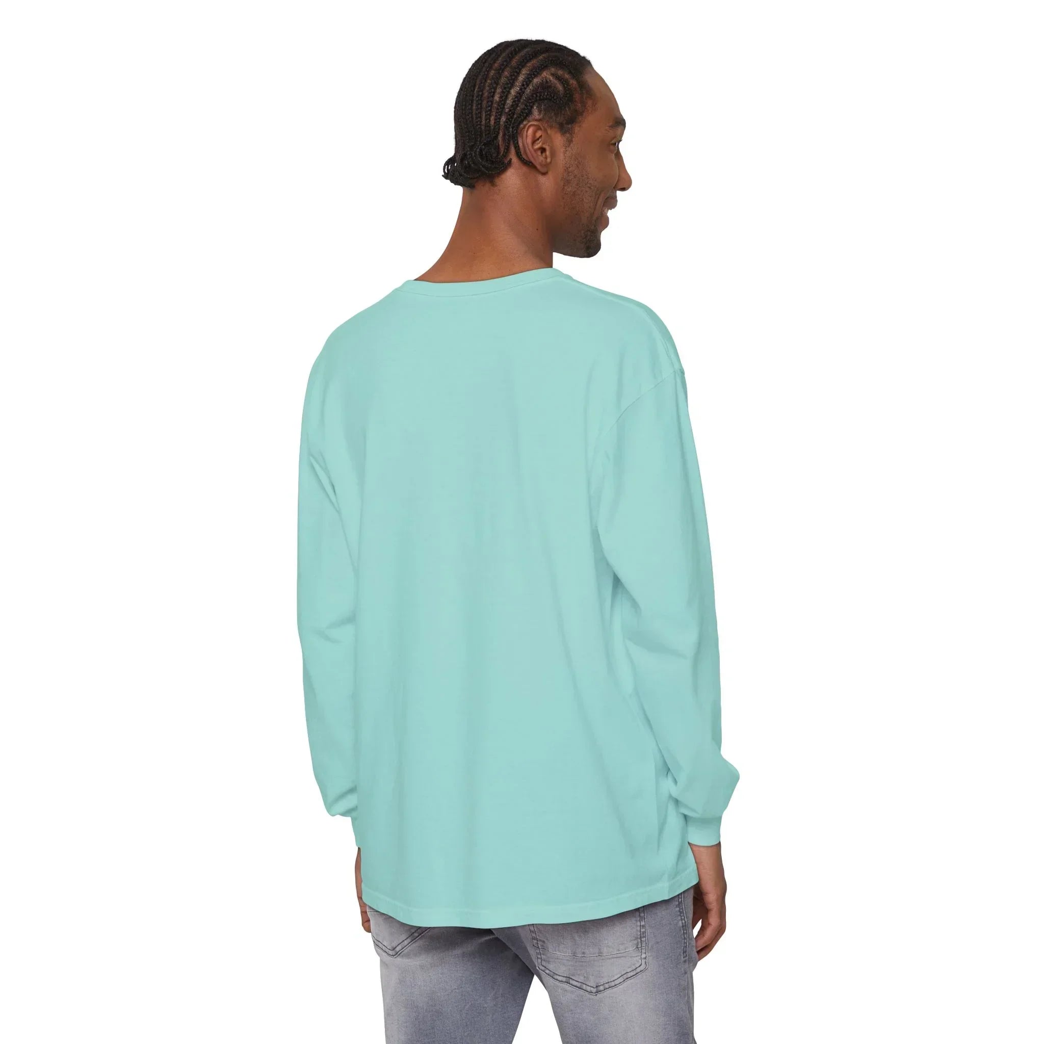 Man wearing mint green long sleeve tee, back view, casual style