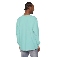 Man wearing mint green long sleeve tee, back view, casual style