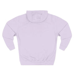 Back view of a light purple hooded sweatshirt with long sleeves on a white background