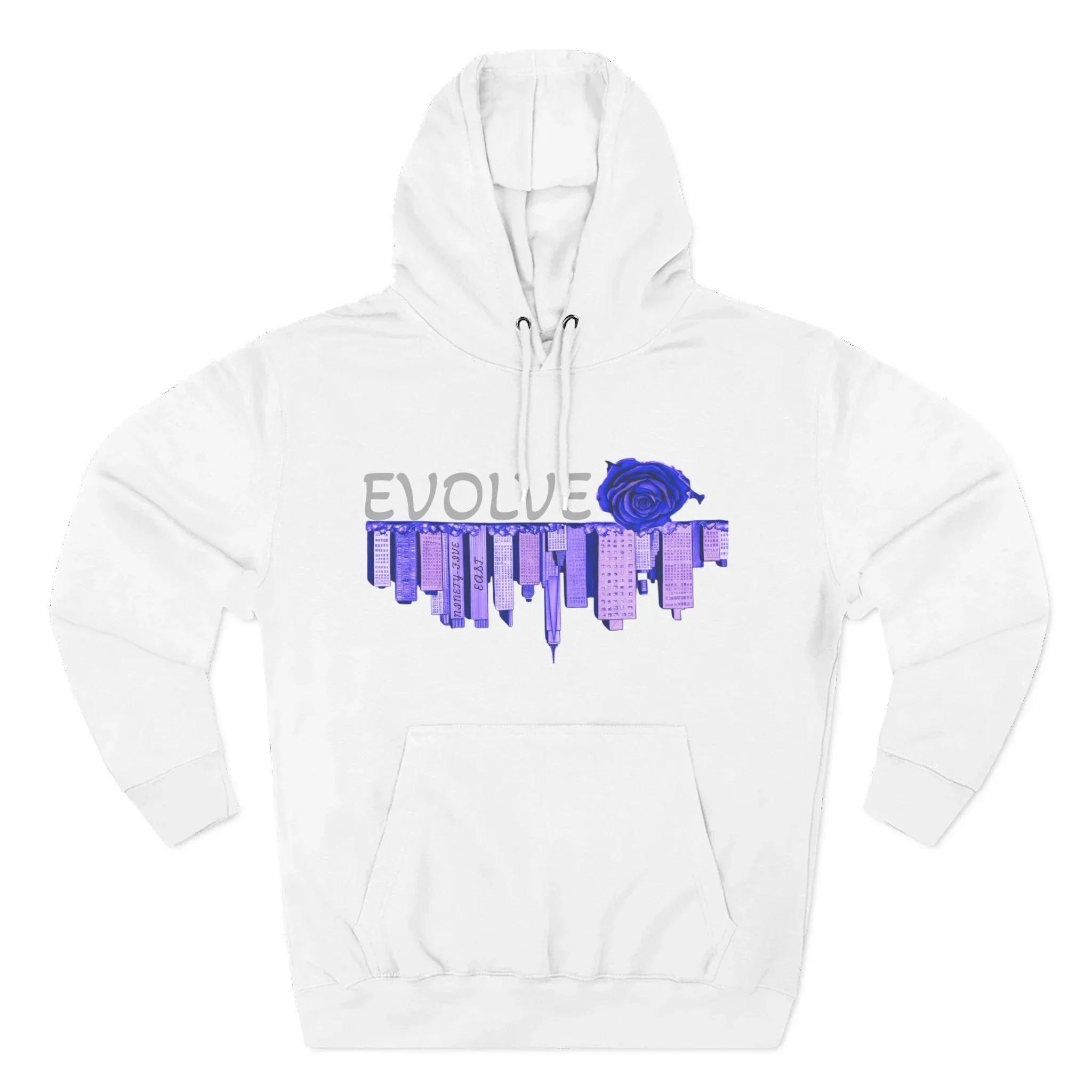 White hoodie with EVOLVE text, blue rose, and city skyline graphic