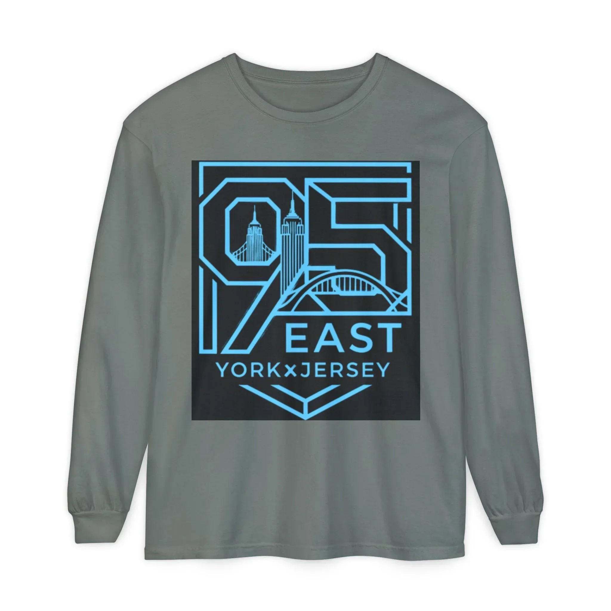 Grey long sleeve tee with blue '95 East YorkxJersey' graphic featuring city skyline design